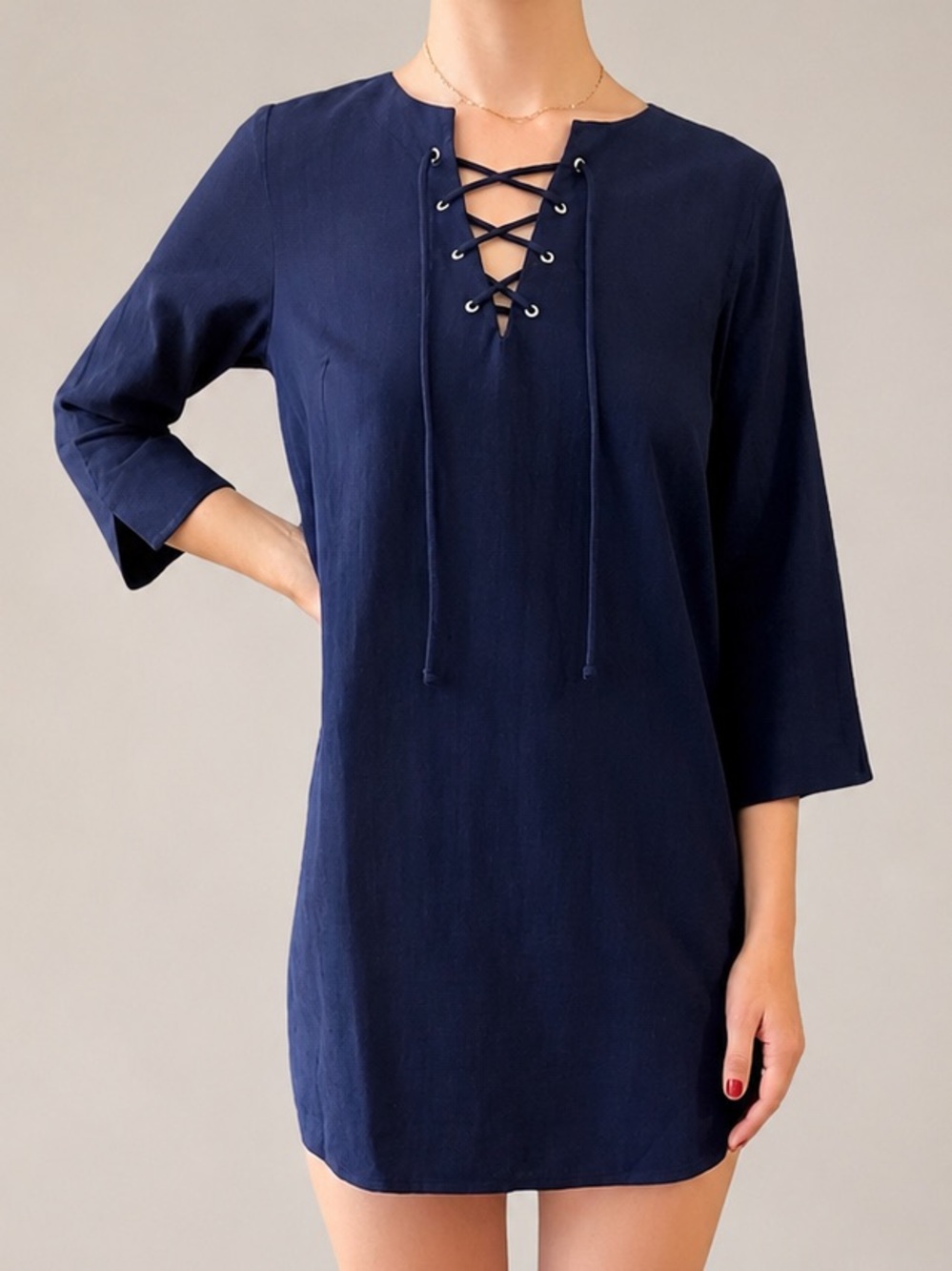NWT Merona Navy Blue Cotton Lace Up 3/4 Sleeve Beach Swim Cover Up Mini Dress S